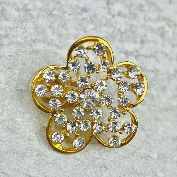 Clip-On Medium sized Gold Flower-Shaped Earrings with Diamond Accents - Picture 4 of 6